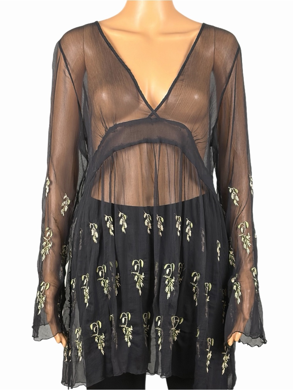 JOHNNY WAS/FOR LOVE and LIBERTY Black 100% Silk Sheer Embroidered Tunic Size XL
